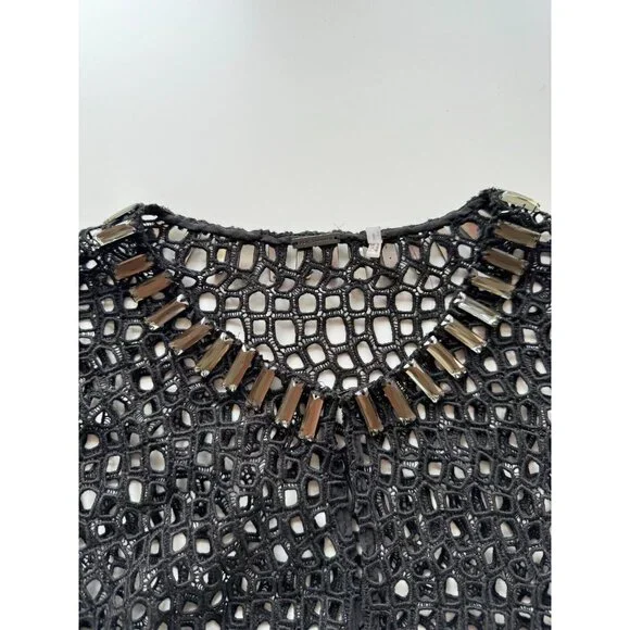 ELIE TAHARI Black Cotton Broderie Anglaise Beaded Lace Cardigan Sweater, Size 2 - Picture 11 of 15
